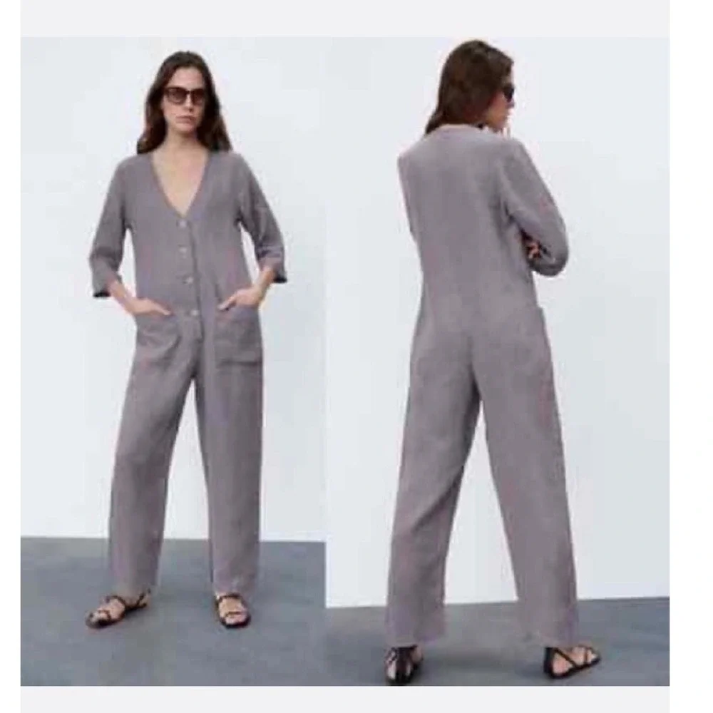 Zara Lilllian Jumpsuit Womens S Gray Linen Blend Button Front Utility Jumpsuit